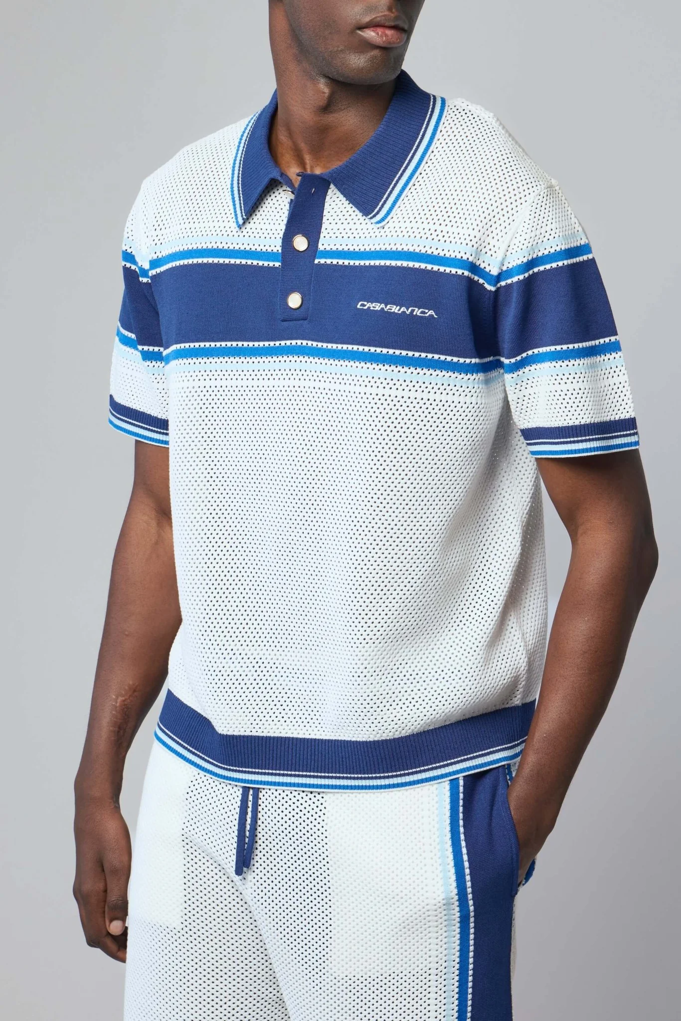 Striped Mesh Short Sleeve Polo Shirt - Image 3