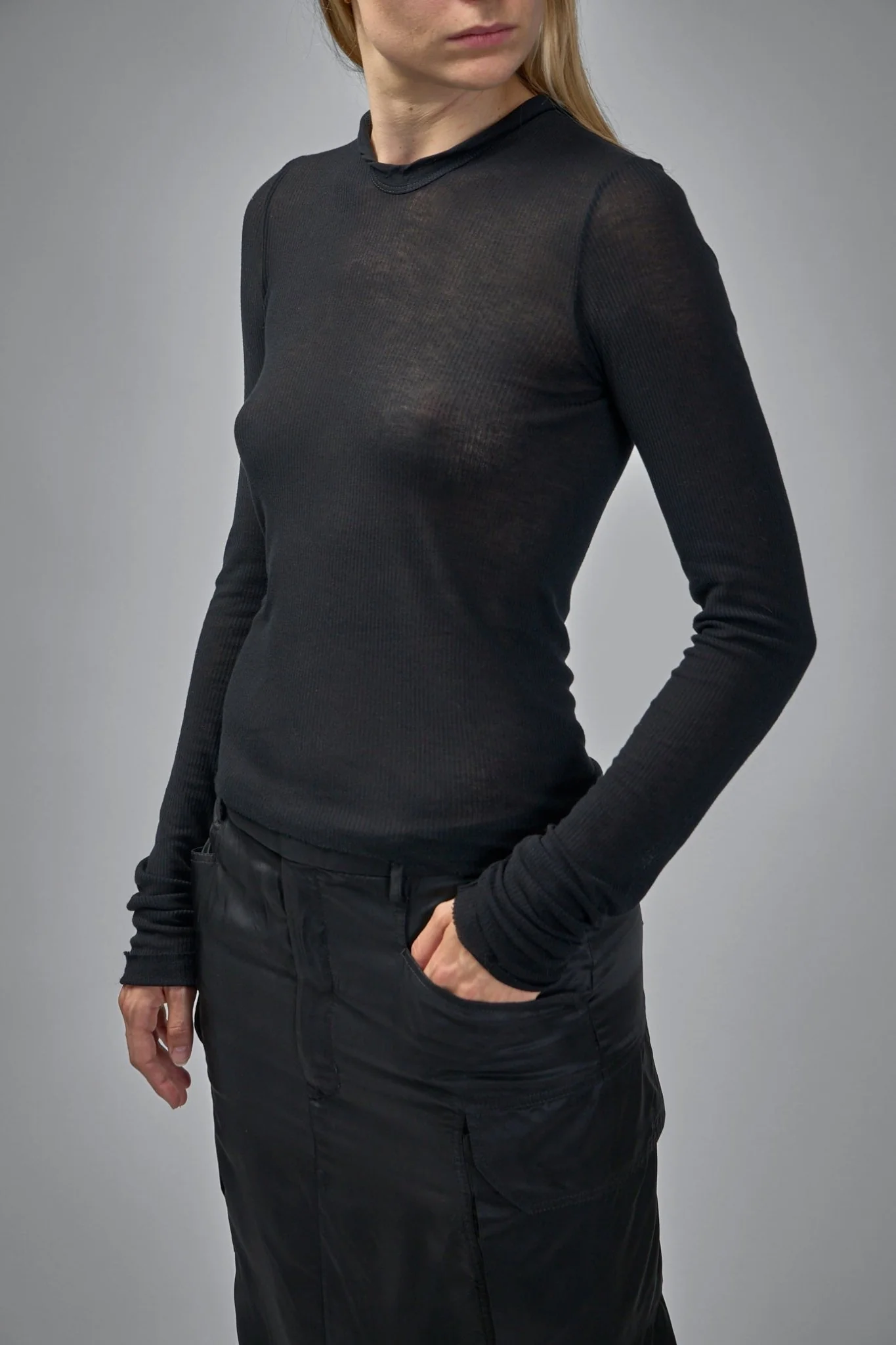 Knit T-shirt Cropped Hooded Rib Ls Tee - Image 4